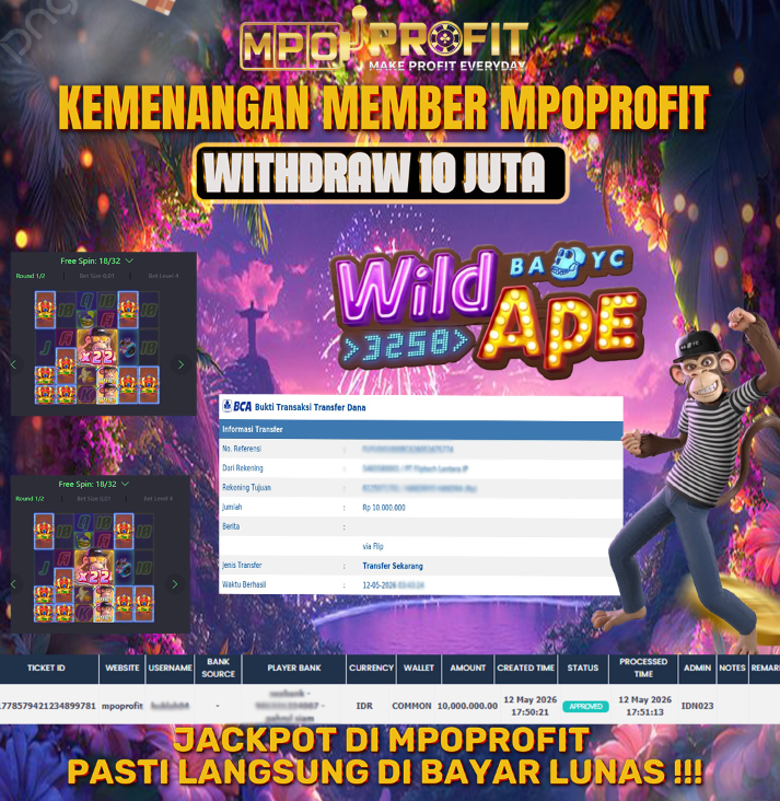 MPOPROFIT JACKPOT SLOT PGSOFT! KEMENANGAN MURNI DI (WILD APE #3258 TOTAL Rp 10.000.000,- LUNAS)